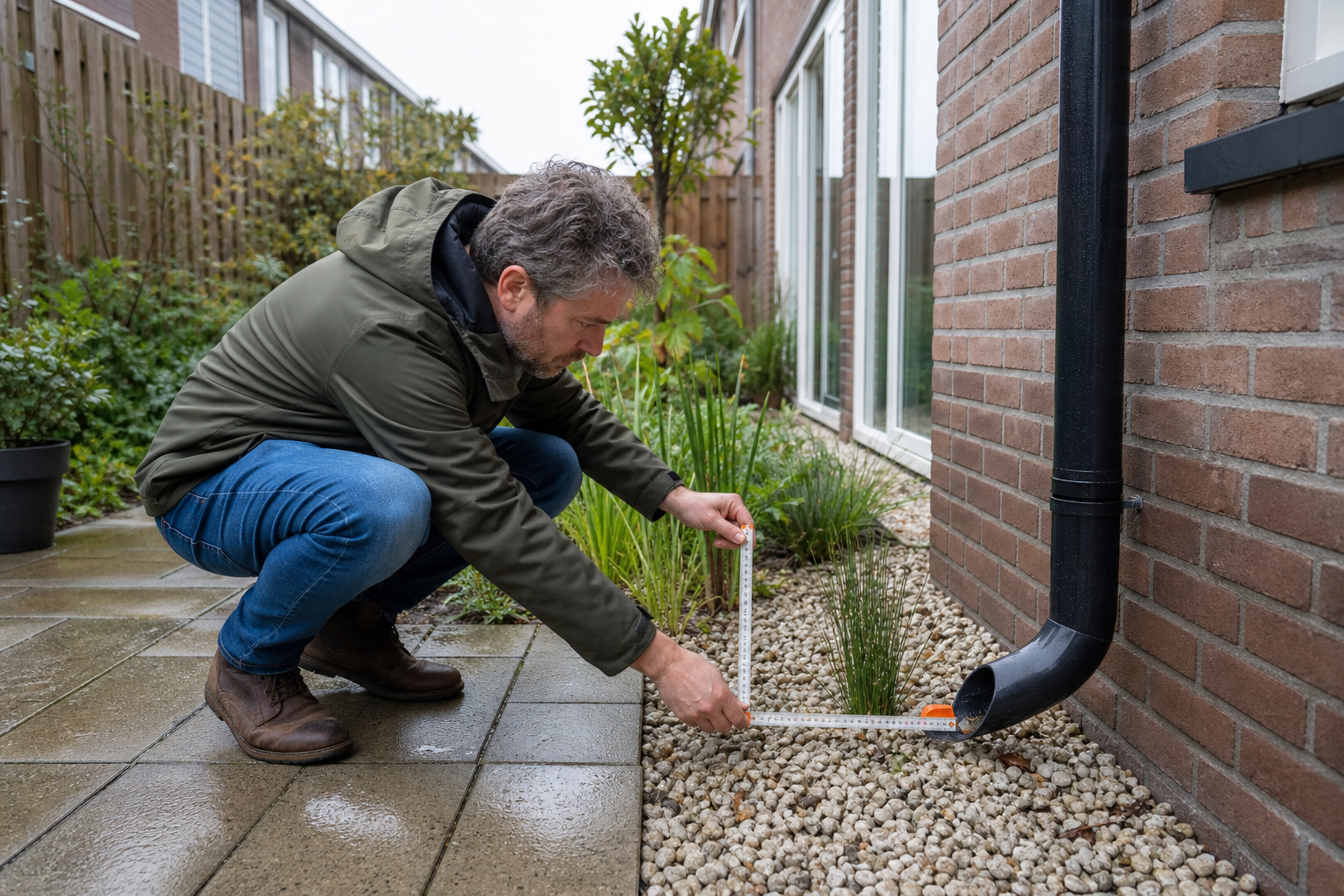 Een bewoner meet de grindstrook bij een regenpijp in een groene achtertuin